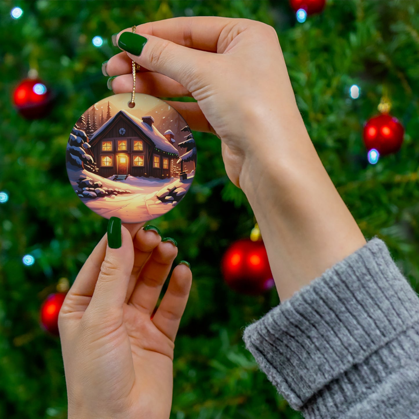 Snowy Cabin Christmas Tree Ornament - A Cozy Winter Retreat for Your Holiday Tree