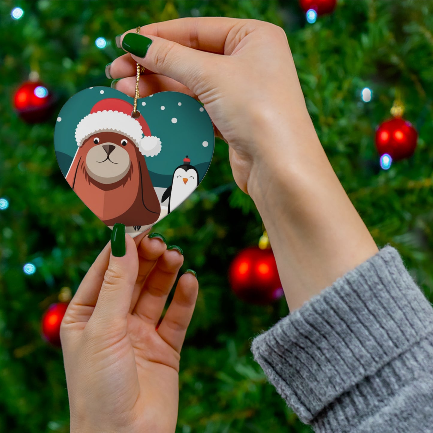 Penguin and Walrus Christmas Tree Ornament - Arctic Friends Bring Holiday Cheer