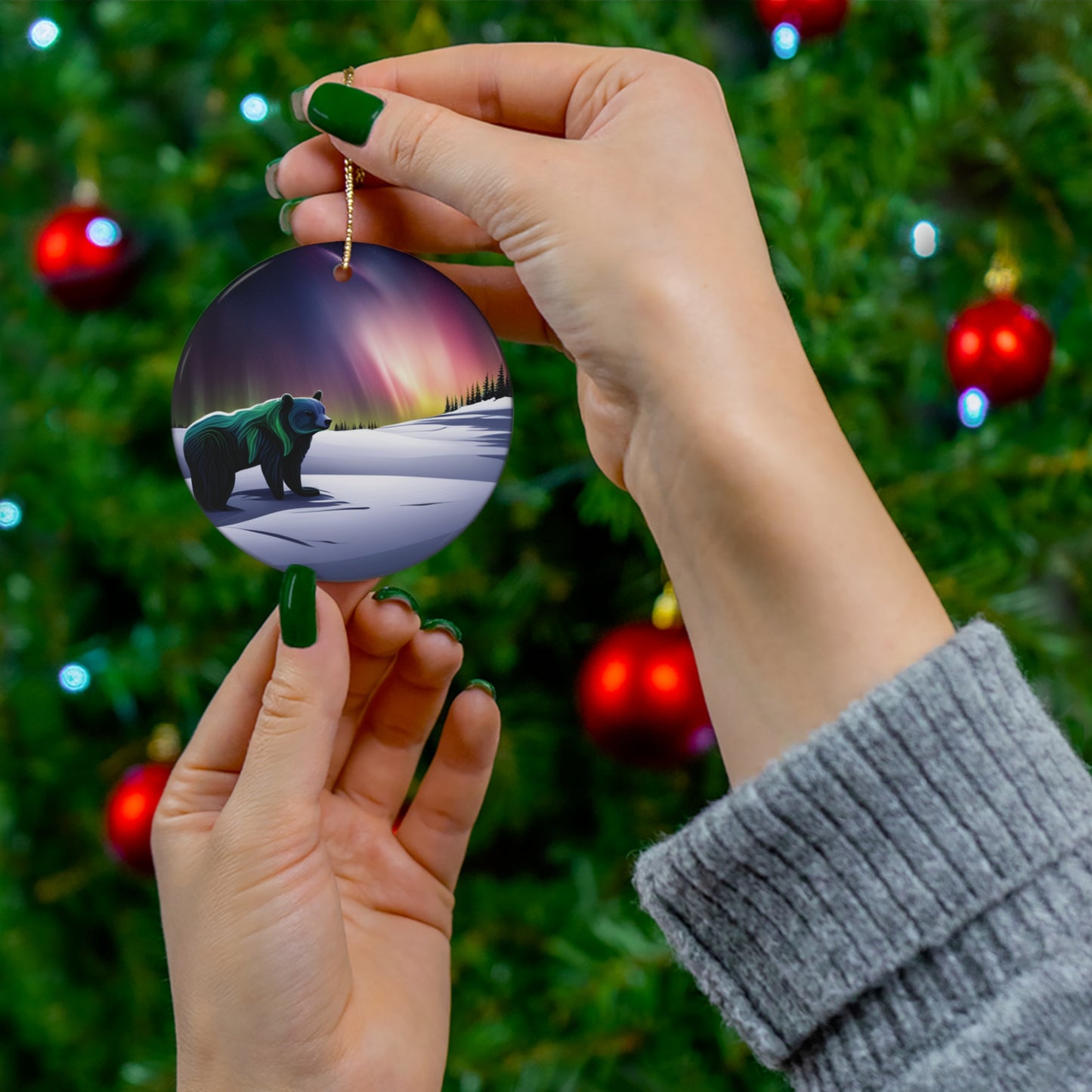 Bear Under the Northern Lights Christmas Tree Ornament - A Majestic Arctic Delight