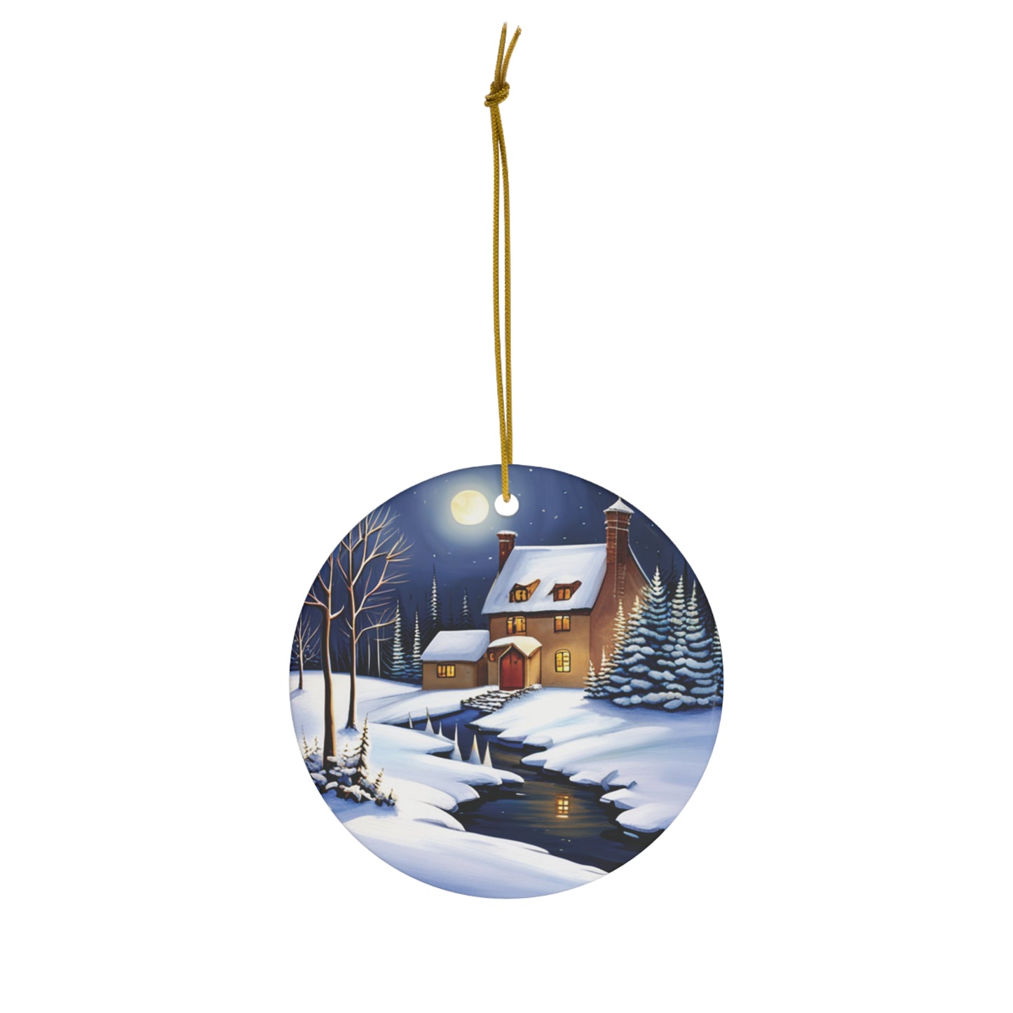 Snowy Night Landscape Ornament - A Tranquil Winter Evening for Your Tree