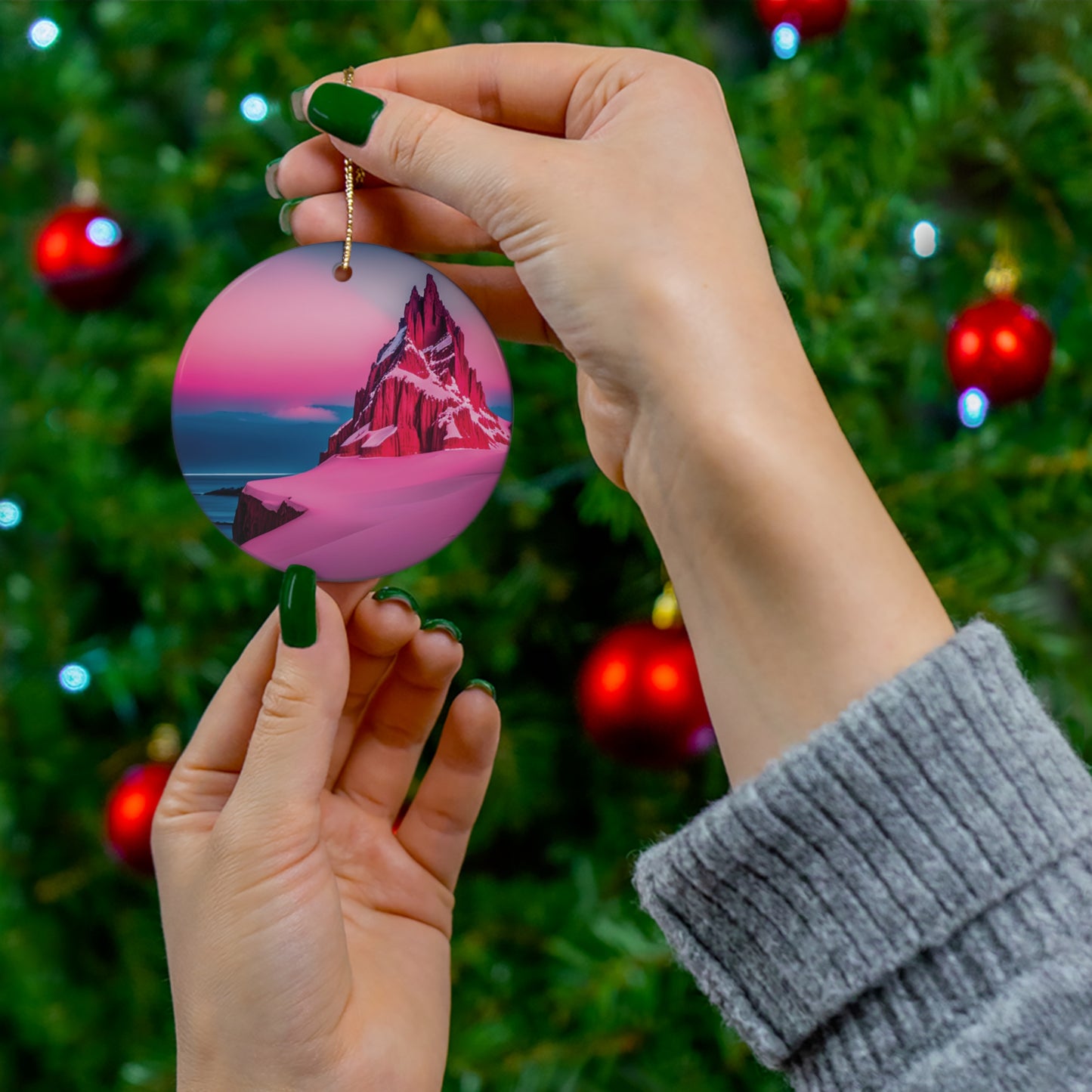 Elevate Your Holiday Decor with a Pink Snowy Landscape Christmas Tree Ornament - Graceful Elegance for Your Festive Tree