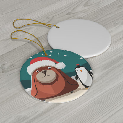 Penguin and Walrus Christmas Tree Ornament - Arctic Friends Bring Holiday Cheer