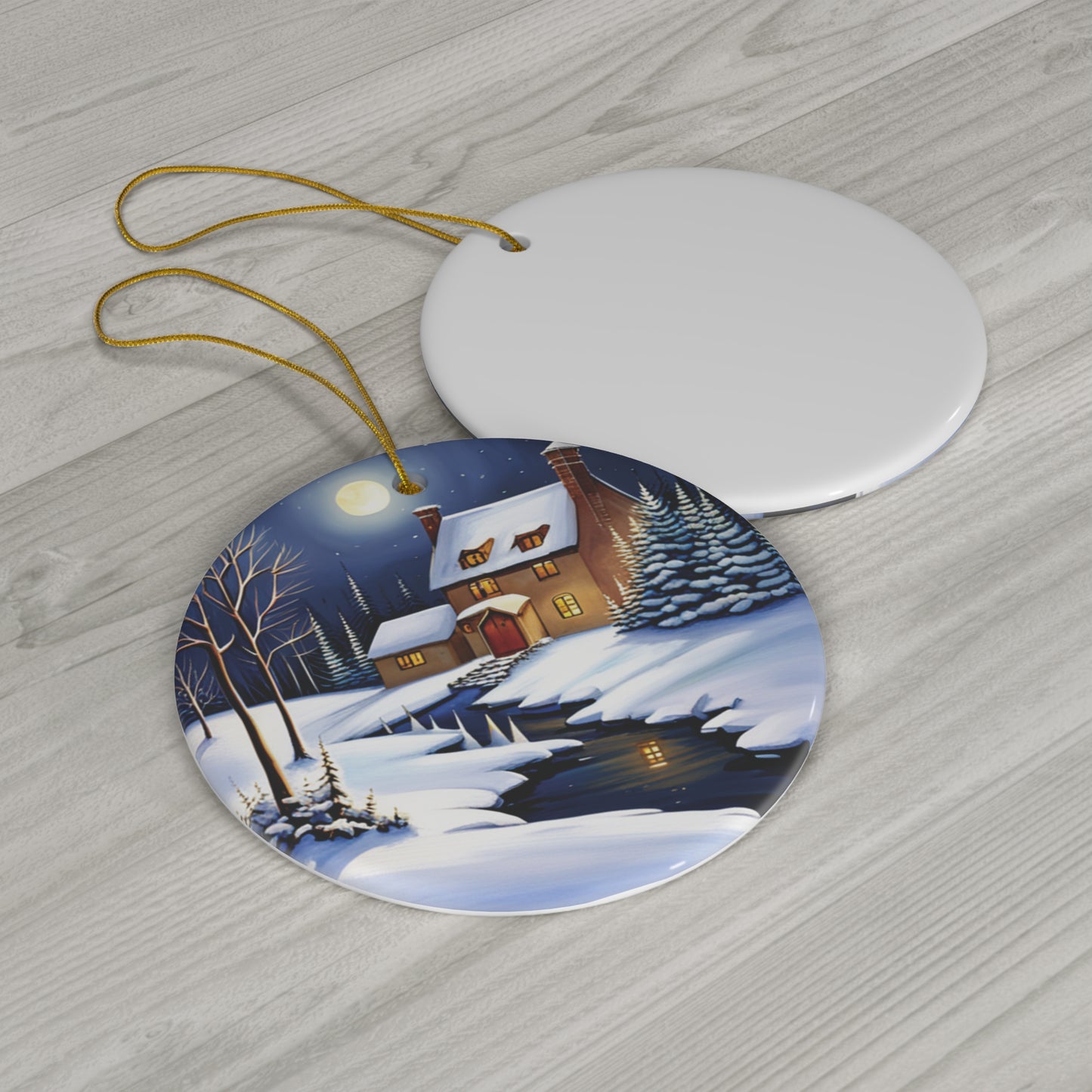 Snowy Night Landscape Ornament - A Tranquil Winter Evening for Your Tree