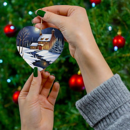 Snowy Night Landscape Ornament - A Tranquil Winter Evening for Your Tree